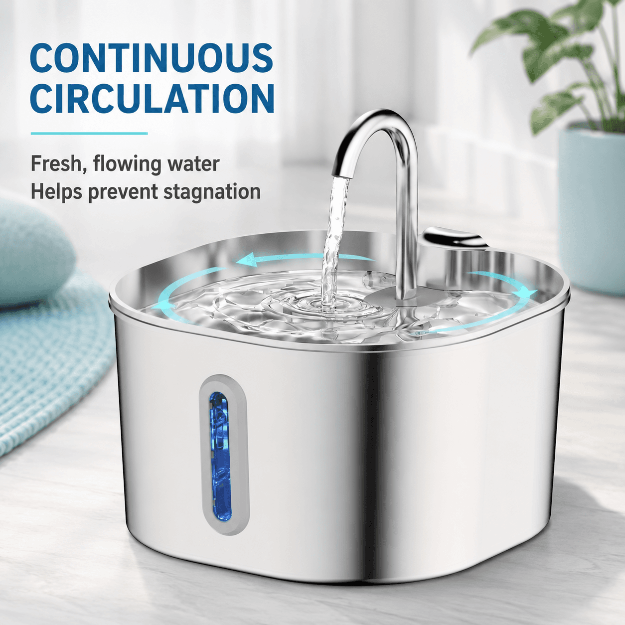 Water circulating continuously through the FurSpring fountain