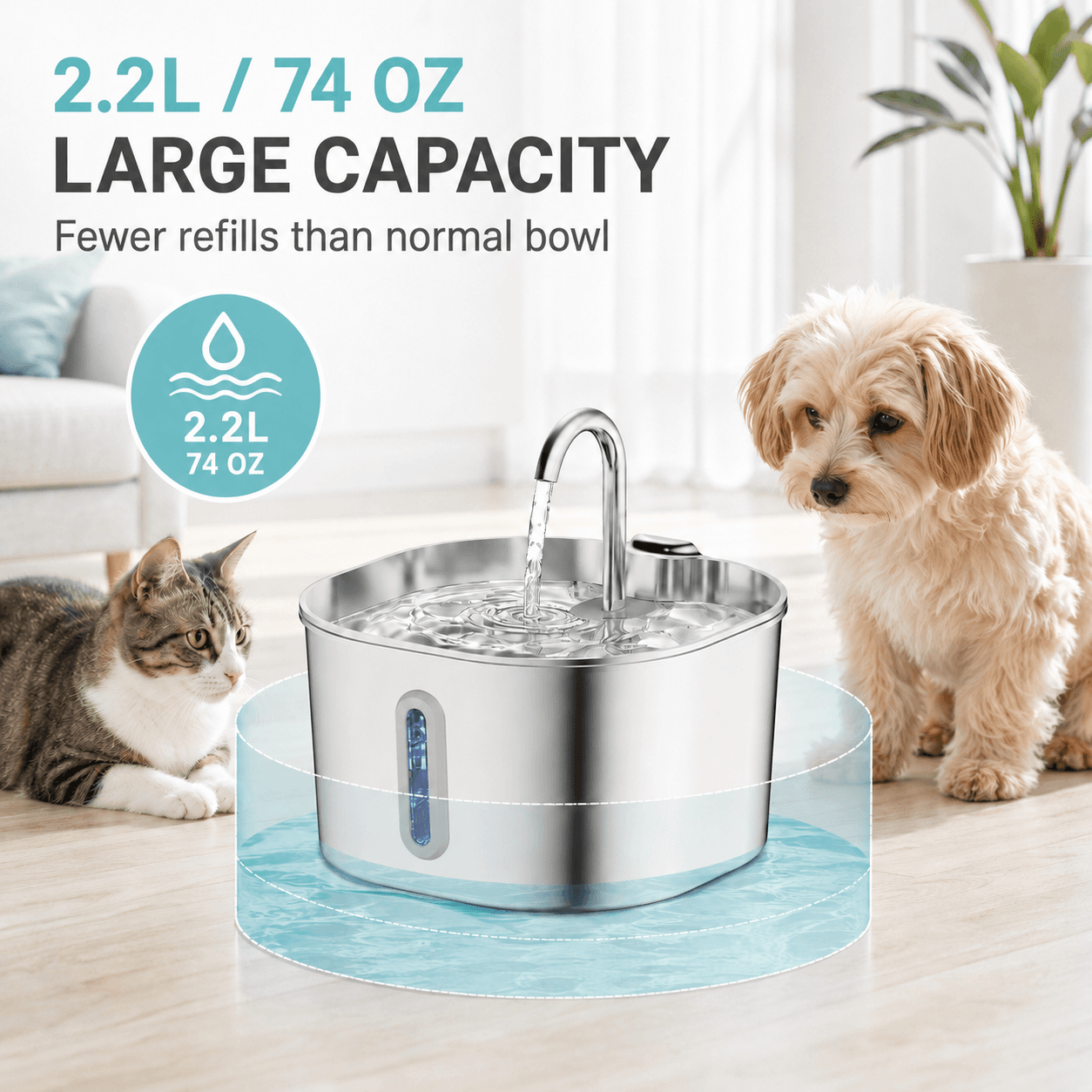 Cat and small dog beside the 2.2-liter FurSpring pet fountain