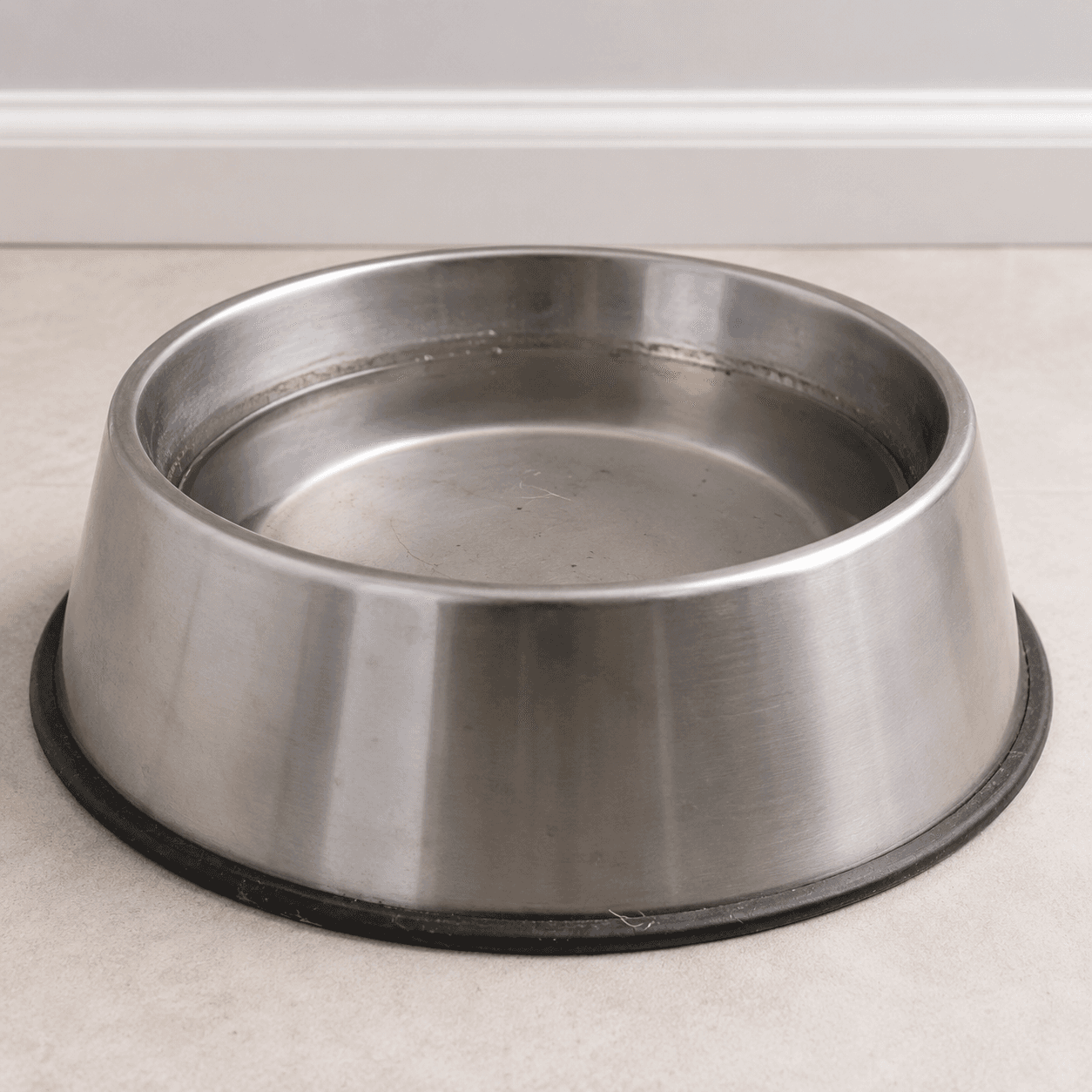 A plain steel pet bowl with standing water